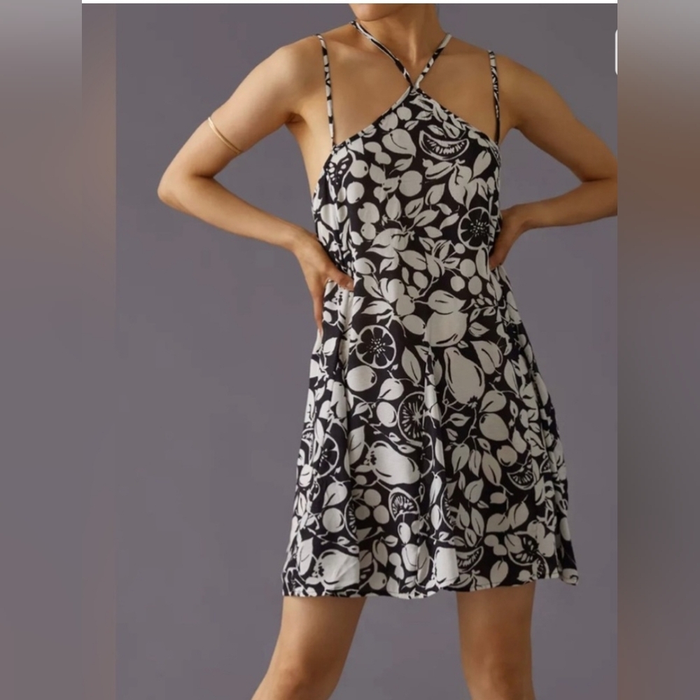 Anthropologie Black & White Motif Crisscross Back Mini Dress NWT Small